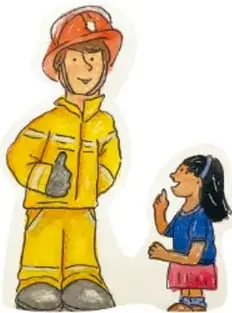 Ilustración de un bombero con traje amarillo y casco naranja junto a una niña que lo observa. Crédito: Mariana Haide Calderon Cifuentes, Ciudad de México.