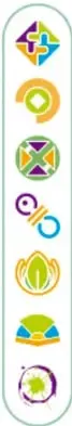 Siete iconos de colores que representan los Ejes articuladores: Inclusión, Pensamiento crítico, Interculturalidad crítica, Igualdad de género, Vida saludable, Apropiación de las culturas a través de la lectura y la escritura y Artes y experiencias estéticas.