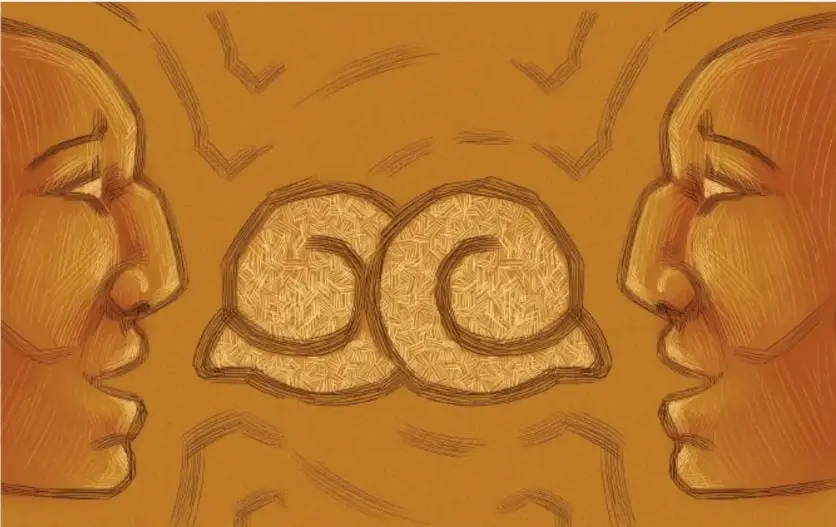Ilustración en tonos ocre que muestra dos perfiles humanos enfrentados con formas abstractas (espirales) entre ambos, representando el intercambio de la lengua entre hablantes.