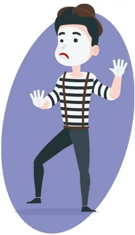 Ilustración de un niño con playera de rayas y tirantes, haciendo gestos con las manos abiertas y postura de expresión corporal, dentro de un óvalo morado.