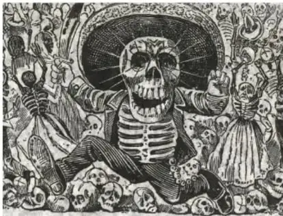 Grabado estilo José Guadalupe Posada: esqueleto (calavera) con sombrero mexicano rodeado de figuras óseas, representación de la tradición gráfica mexicana.
