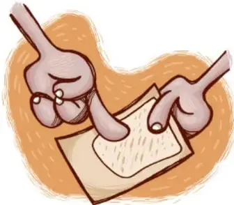 Ilustración de dos manos pegando o ajustando una hoja de papel, con pegamento.