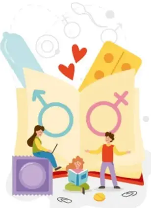 Ilustración de un libro abierto con símbolos de género masculino y femenino, corazones, un condón, un blíster de pastillas y tres estudiantes (una con laptop, un niño leyendo y una niña de pie).