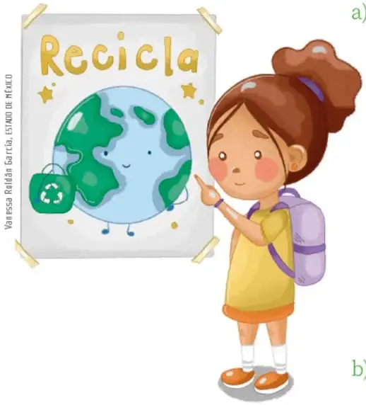 Ilustración de un cartel pegado con cinta que dice 'Recicla' con un planeta Tierra sonriente y una bolsa de reciclaje; al lado, una niña con mochila morada señalando el cartel.