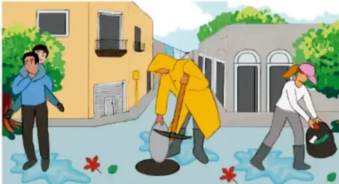 Ilustración de personas trabajando en la calle: un hombre con saco de basura, una persona de amarillo barriendo con palas y una mujer recogiendo desechos en bolsas, en una calle con casas. Crédito: Filomena Tun Cocon, Quintana Roo.