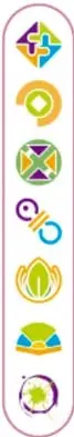 Siete iconos de colores que representan los ejes articuladores: Inclusión, Pensamiento crítico, Interculturalidad crítica, Igualdad de género, Vida saludable, Apropiación de las culturas, Artes y experiencias estéticas.