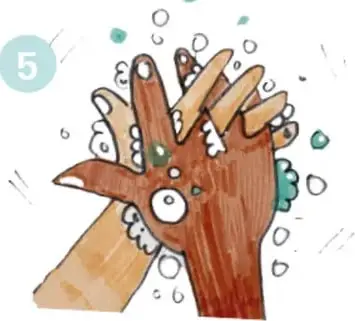 Ilustración de manos con dedos entrelazados frotando palma contra palma, paso 5.