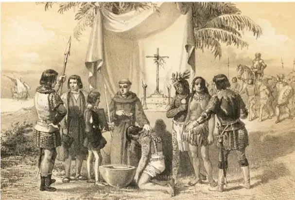 Grabado que muestra a un grupo de europeos, un fraile y personas originarias alrededor de una cruz y una tienda de campaña, en un contexto de encuentro y evangelización durante la conquista.