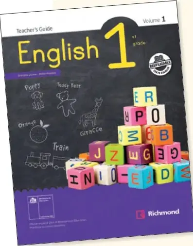 Portada del Teacher's Guide English 1, Volumen 1, 1° grado, editorial Richmond. Muestra cubos con letras y dibujos de juguetes.