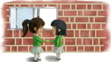 Ilustración de dos niñas frente a un muro de ladrillos; una parece disculparse o dialogar con la otra, representando la solución pacífica de conflictos.