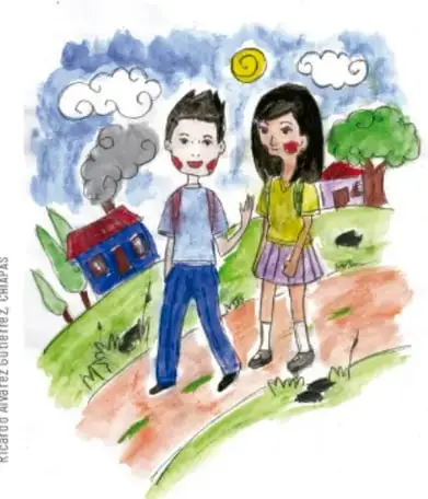 Pedro y Zayra caminando a la escuela; al fondo una casa con humo, árboles y sol, escena del traslado escolar.