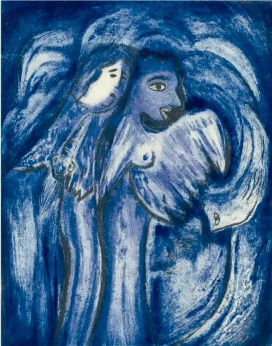 Obra textil o tapiz en tonos azules titulada *Las monjas. Simbiosis* (1960), con figuras femeninas estilizadas y entrelazadas.