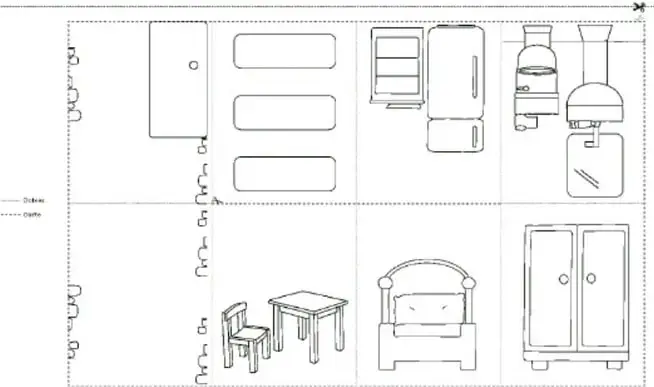 Plantilla del interior de la casa dividida en paneles con imágenes en línea para colorear: puerta, entrepaño con tres cajones, refrigerador, estufa con campana, mesa con silla, cama y ropero; pestañas de armado en los bordes y leyenda de líneas a la izquierda.