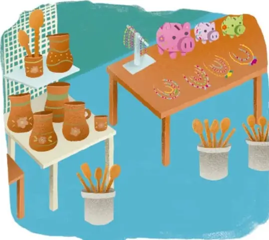 Ilustración de una mesa de muestra con ollas de barro, cucharas de madera, cuentos de colores y alcancías de cerámica dispuestas para la exhibición.