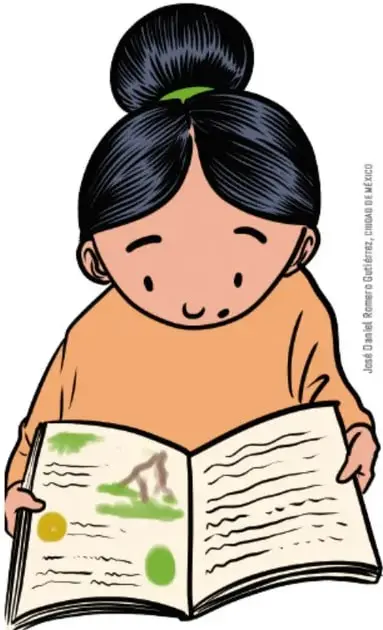 Ilustración de una niña con el cabello recogido leyendo un libro abierto con dibujos de árboles y puntos de color.