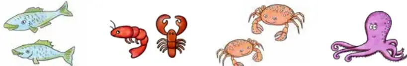 Cuatro imágenes: peces, camarones, cangrejos y pulpo.