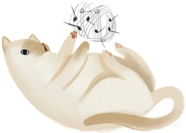 Gato blanco recostado jugando con un ovillo de lana formado por líneas de pentagrama y notas.