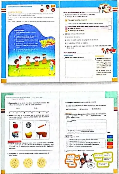 Ilustración de páginas de competencia socioemocional, evaluación de aprendizajes y problema-decisión.