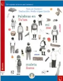 Portada del libro 'Palabras en mi maleta' con ilustraciones de personas y objetos.