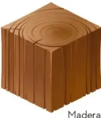 Cubo de madera de roble con textura de vetas y un cubo de hierro metálico, etiquetados como 'Madera' y 'Hierro'.