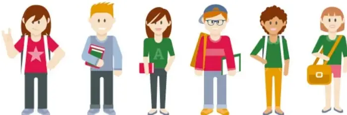 Ilustración de seis niños de pie formando una fila, representando las distintas formas de ordenarse.
