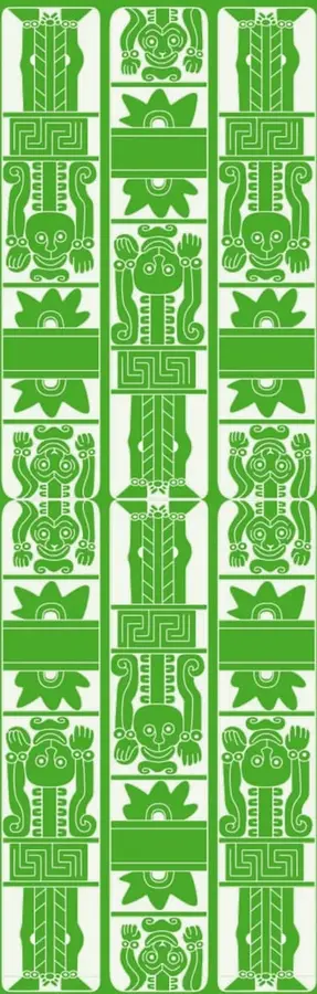 Ilustración vertical de estilo prehispánico con tres columnas de figuras antropomorfas, aves, flores y grecas, en blanco sobre fondo verde, evocando el arte mesoamericano.