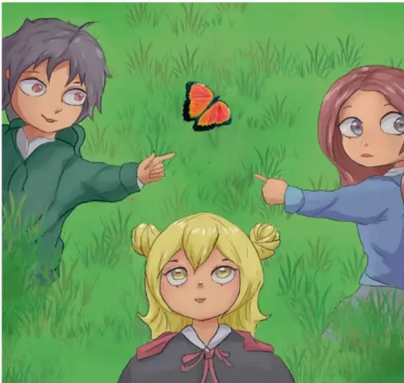 Ilustración de tres niños (dos señalando una mariposa y una niña observando) sobre un pasto verde. Crédito lateral: Alexander Felipe Hernández Flores, Pix iA.