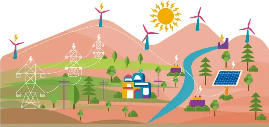 Ilustración de un paisaje con aerogeneradores, paneles solares, una presa hidroeléctrica, torres de transmisión eléctrica y una ciudad, que representa el uso de energías limpias y la reducción de emisiones.