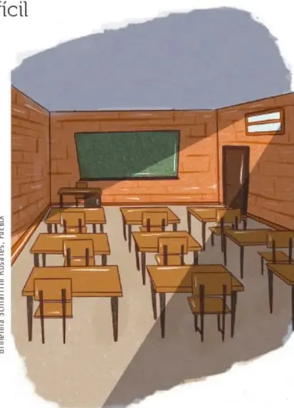 Ilustración de un salón de clases con pupitres de madera, pizarrón verde y un haz de luz entrando por la puerta; la mayor parte del salón está en sombra.
