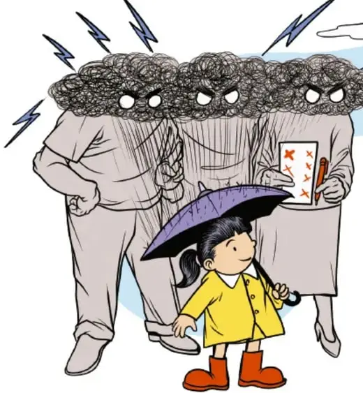 Tres adultos trajeados con cabeza de nube gris y expresión furiosa, con rayos alrededor; uno sostiene una hoja con tachas rojas. La niña los mira con paraguas, impermeable amarillo y botas rojas, bajo un sol y nube de lluvia.