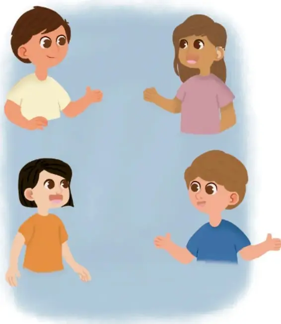 Ilustración de cuatro estudiantes dialogando.