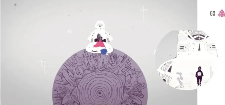 Ilustración con una figura humana con vestido tradicional sentada sobre una forma circular morada con motivos tejidos; a la derecha, motivos con ojos y una figura oscura, en tonos grises y morados.