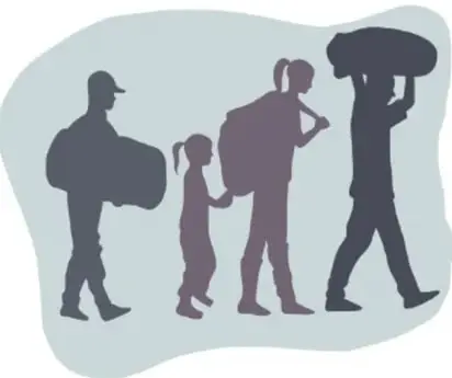Ilustración de siluetas de una familia migrante: un hombre con maleta, una niña, una mujer con bulto y un hombre cargando un costal, caminando hacia la derecha. Crédito: Perla Areli Zúñiga Aguilar, ZACATECAS.