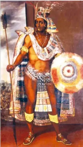 Ilustración de un gobernante o guerrero indígena con atuendo ceremonial, tocado de plumas y escudo, probablemente representando a un tlatoani o señor totonaca.