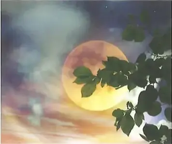 Ilustración de una Luna grande acompañada de ramas con flores, flores de loto y faroles.