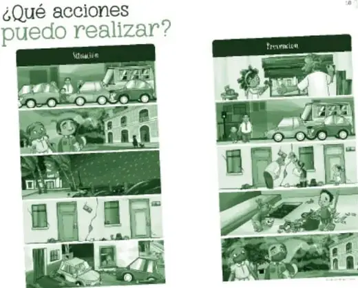 Miniatura del recurso '¿Qué acciones puedo realizar?': dos tiras verticales de escenas rotuladas 'Mitigación' y 'Prevención', con ilustraciones de calles, autos, edificios y personas actuando ante la lluvia o una tormenta, en tonos verdes.
