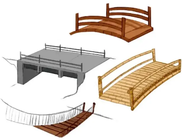 Cuatro tipos de puentes: uno de madera curvo, uno de concreto, uno de madera con barandillas y uno colgante con cuerdas. Ilustración de Frida Lorena Solano Martínez, Ciudad de México.