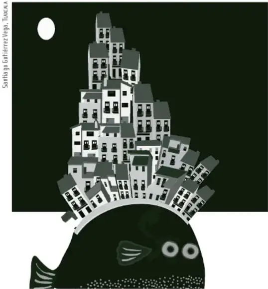 Ilustración de una ciudad o edificios apilados sobre una cabeza oscura con ojos, bajo una luna blanca. Crédito: Santiago Estrada Vega / Taxau.