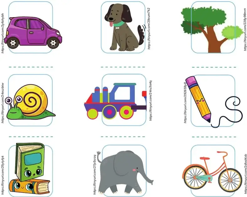Cuadrícula 3x3 con imágenes: coche morado, perro, árbol verde, caracol, tren/camión, lápiz, libro, elefante, bicicleta.