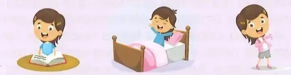 Tres ilustraciones de actividades cotidianas: leer, dormir y caminar o jugar.