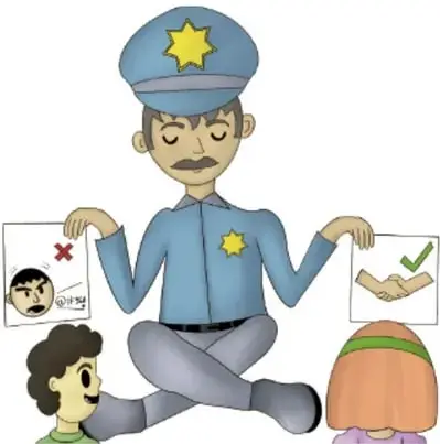 Ilustracion de un agente de autoridad sentado enlotur lotado mostrando dos carteles: uno con aspa roja (conducta no permitida) y otro con paloma verde (conducta permitida), junto a dos ninos. Ilustracion de Guillermo de Marco Rojas Palos, Jalisco.