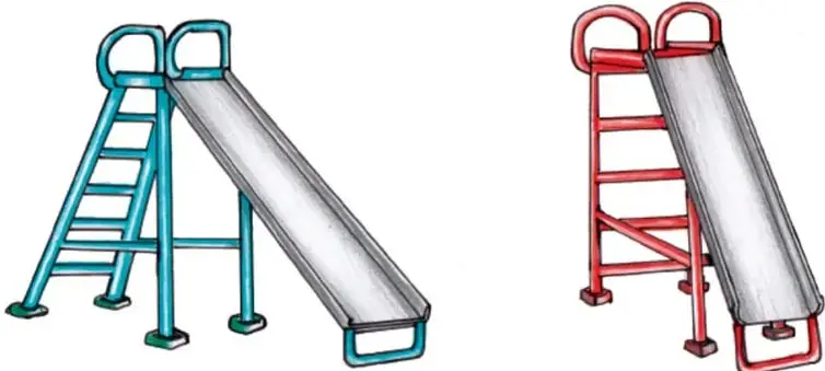 Dos resbaladillas de playground: una azul (escalera ancha, barandales y bordes altos, inclinación moderada) y una roja (más empinada, bordes laterales bajos, final sin protección).