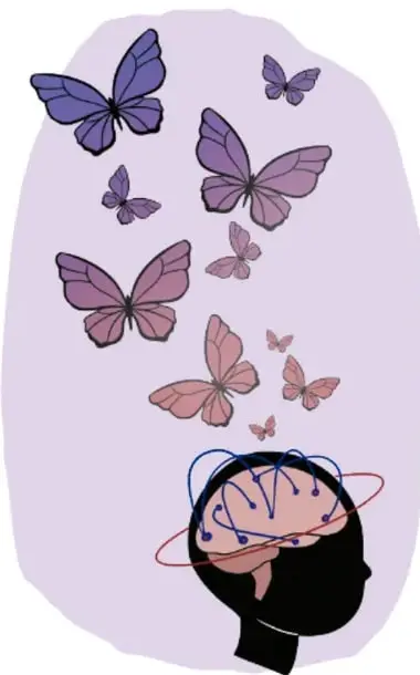 Ilustración de una silueta humana con mariposas moradas y rosas alrededor de la cabeza, sobre un fondo lila.