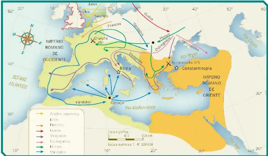 Mapa histórico de las invasiones al Imperio romano, con flechas de colores que indican las rutas de anglos, sajones, jutos, francos, godos, visigodos, ostrogodos, hunos y vándalos hacia los imperios de Occidente y Oriente.
