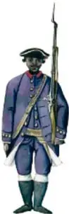 Ilustración del uniforme del Batallón de Pardos de Guadalajara (1771): soldado de piel morena con casaca azul con vivos rojos, chaleco blanco, calzones, medias y sombrero de ala ancha, con fusil. Pie: Archivo General de la Nación.