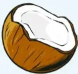 Ilustración de un coco partido, junto a la adivinanza 'Blanca por dentro, verde por fuera'.