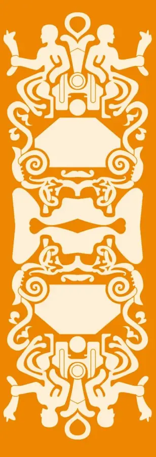 Ilustración ornamental en tonos naranja y crema con figuras humanas estilizadas y motivos simétricos de estilo prehispánico.