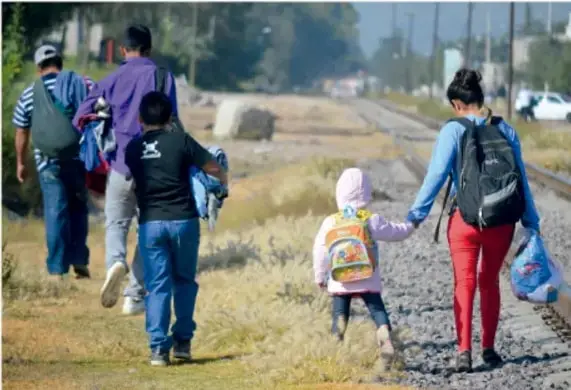 Fotografía de un grupo de personas caminando por un camino de terracería junto a vías férreas, entre ellos adultos y niñas con mochilas, ilustrando el tema de la migración.