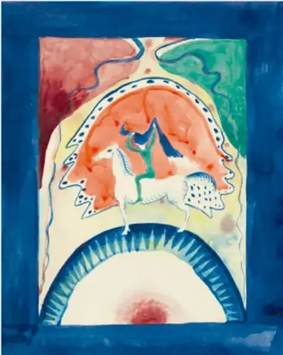 Acuarela 'Borrador para la portada del almanaque Der Blaue Reiter' (1911): jinete sobre un caballo blanco con lanza, dentro de un óvalo rojo rodeado de azul, verde y blanco.