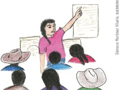 Dibujo de una conferencista que presenta hojas con información ante un público que incluye personas con sombrero; crédito Dámazo Martínez Hilario, Guerrero.